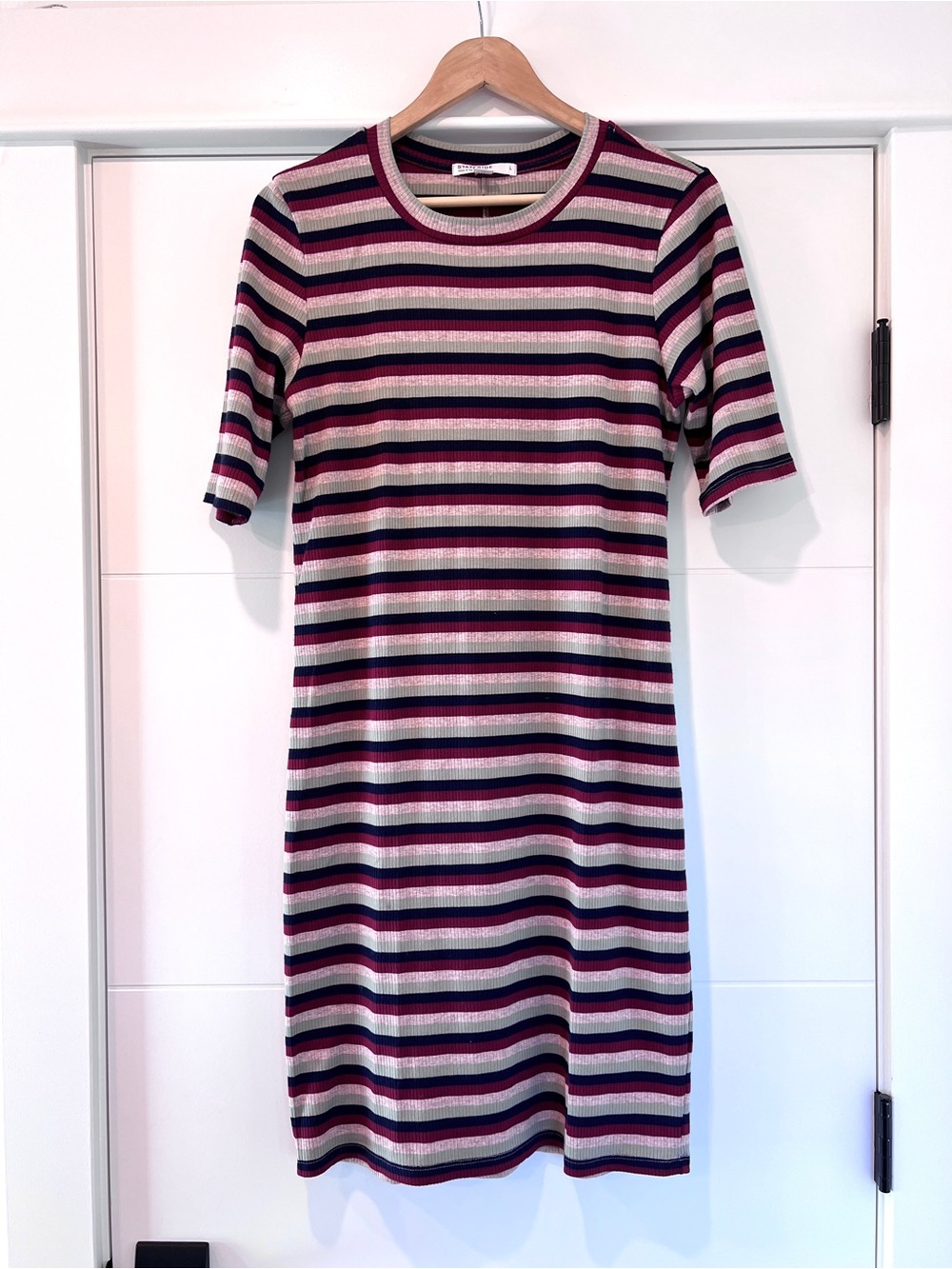Anthropologie Stateside Striped Knit Mini Dress, Burgundy, Celadon & Cream L
